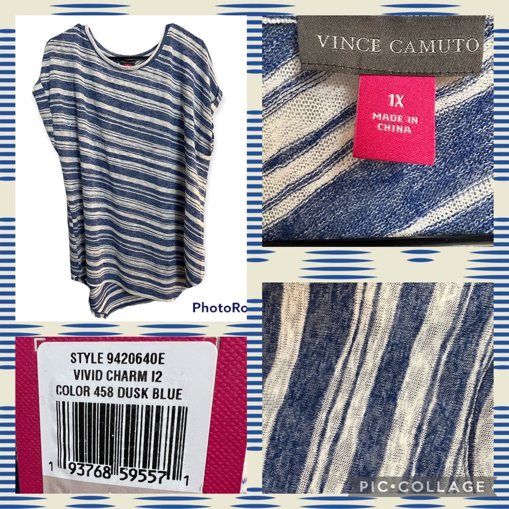 ☀️Vince Camuto angled striped Vivid Charm blouse, dusk blue. NWT 1x size.